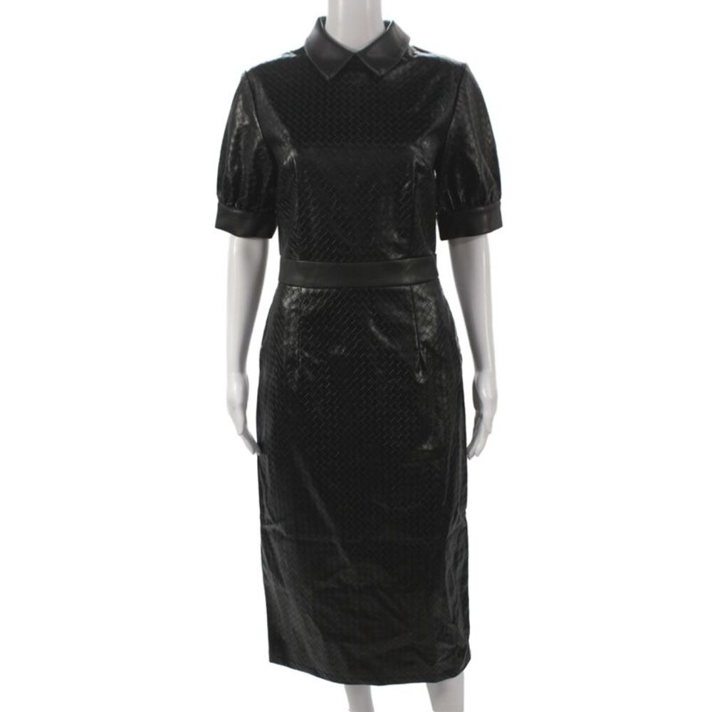 Mooyius Women Sheath Black Faux Leather Short Sleeve Mid-Calf Dress Size S